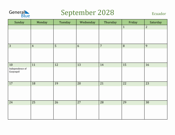 September 2028 Calendar with Ecuador Holidays
