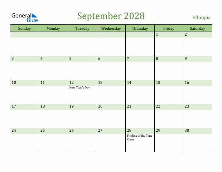 September 2028 Calendar with Ethiopia Holidays