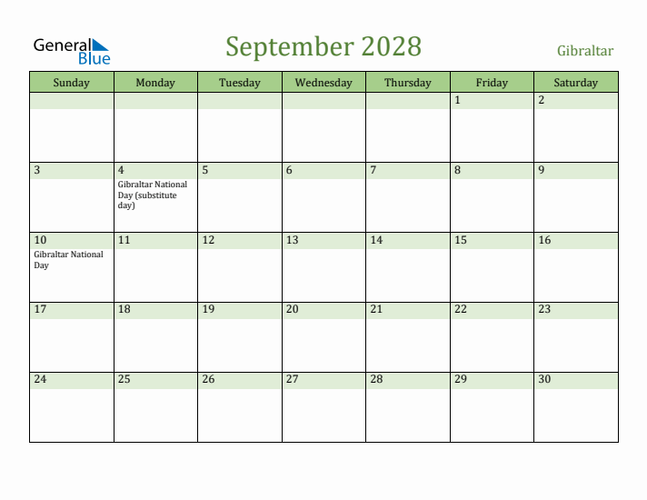 September 2028 Calendar with Gibraltar Holidays
