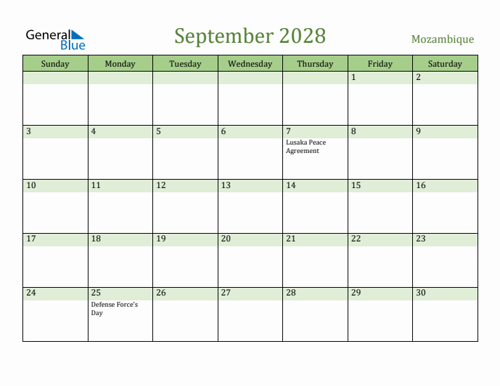 September 2028 Calendar with Mozambique Holidays