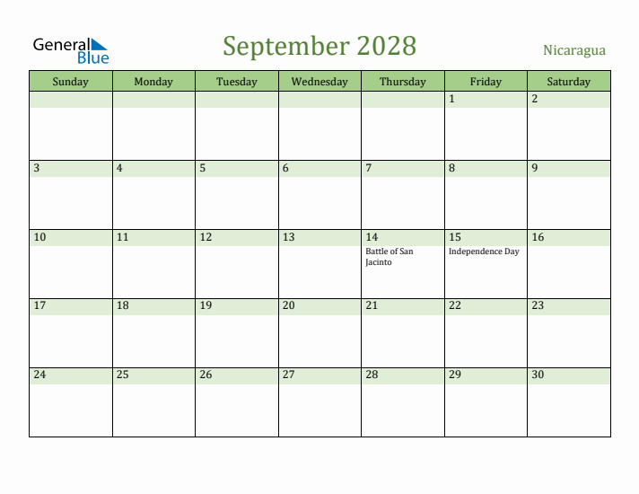 September 2028 Calendar with Nicaragua Holidays