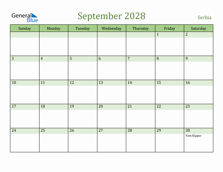 September 2028 Calendar with Serbia Holidays