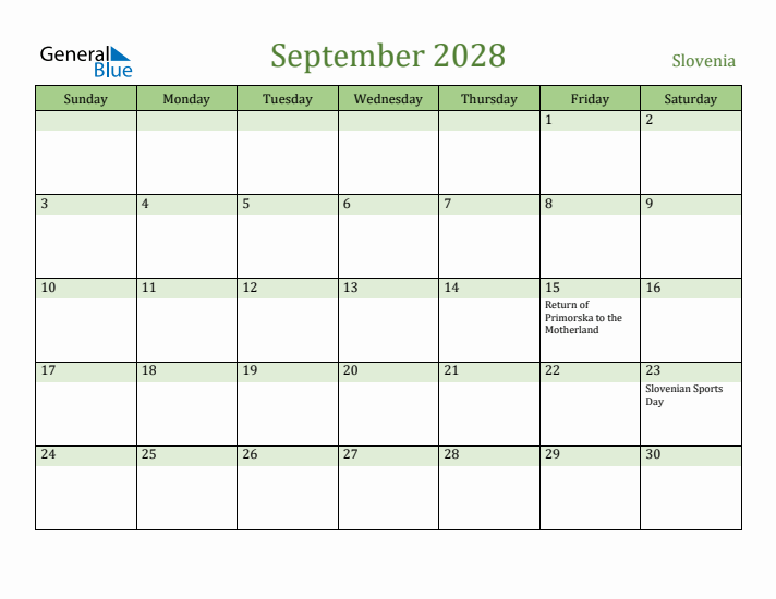 September 2028 Calendar with Slovenia Holidays