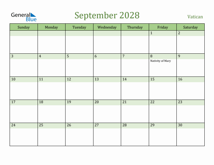 September 2028 Calendar with Vatican Holidays