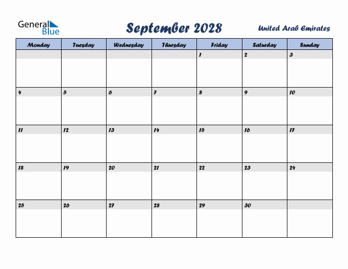 September 2028 Calendar with Holidays in United Arab Emirates