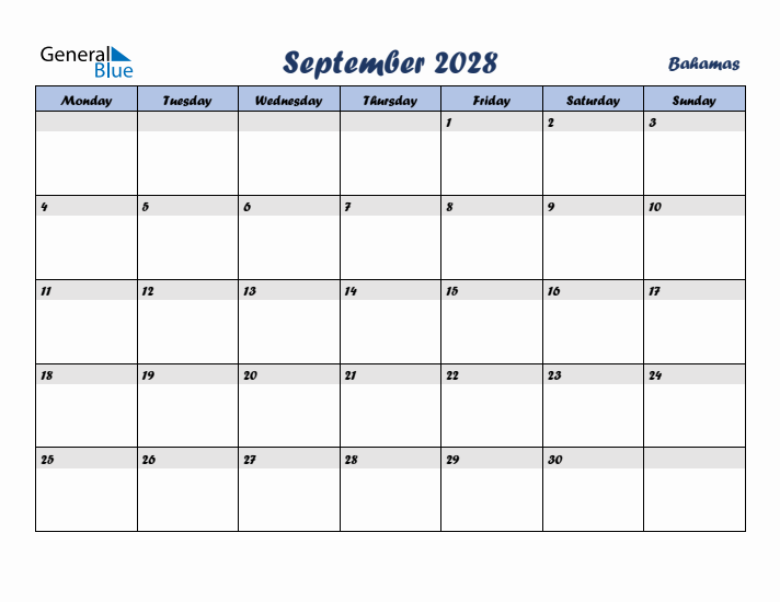 September 2028 Calendar with Holidays in Bahamas