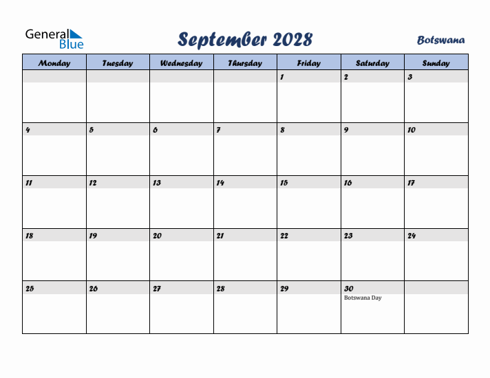 September 2028 Calendar with Holidays in Botswana
