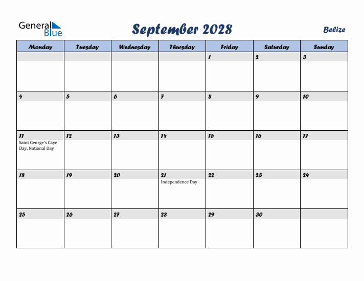 September 2028 Calendar with Holidays in Belize