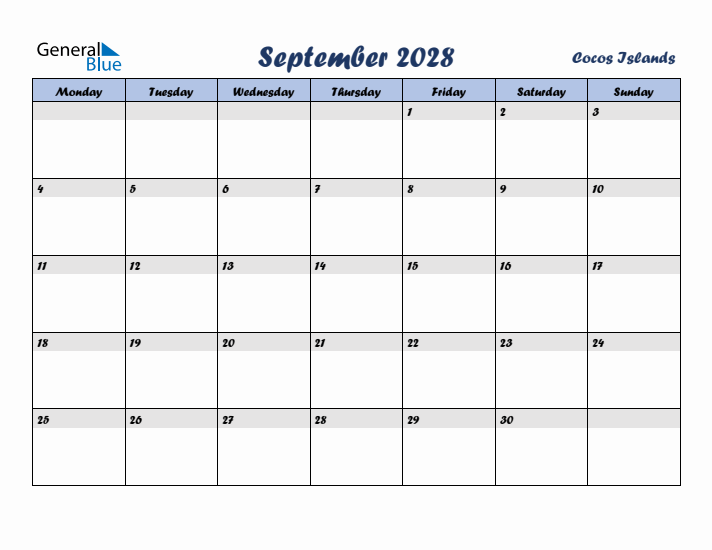 September 2028 Calendar with Holidays in Cocos Islands