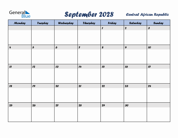 September 2028 Calendar with Holidays in Central African Republic