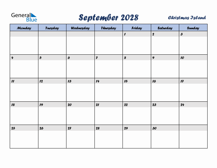 September 2028 Calendar with Holidays in Christmas Island