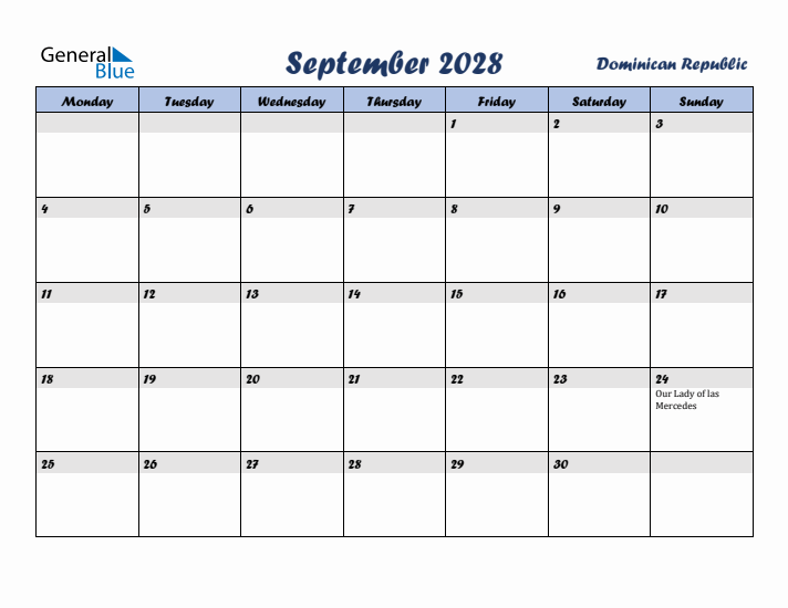 September 2028 Calendar with Holidays in Dominican Republic