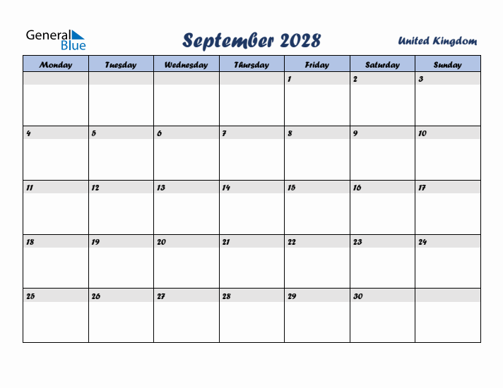 September 2028 Calendar with Holidays in United Kingdom