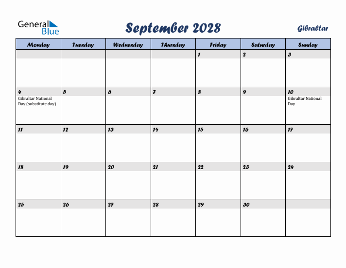 September 2028 Calendar with Holidays in Gibraltar
