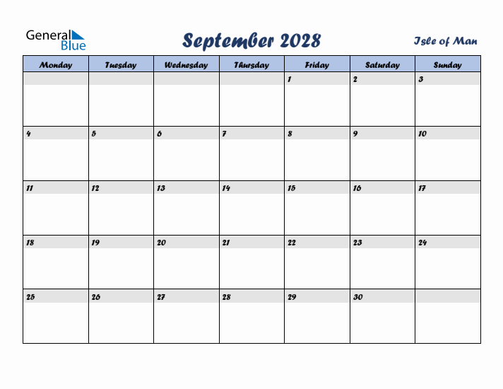 September 2028 Calendar with Holidays in Isle of Man
