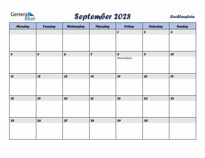 September 2028 Calendar with Holidays in Liechtenstein
