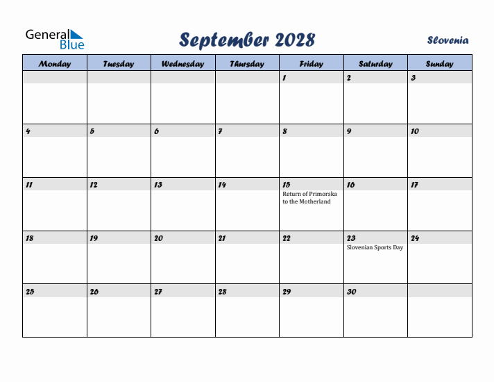 September 2028 Calendar with Holidays in Slovenia