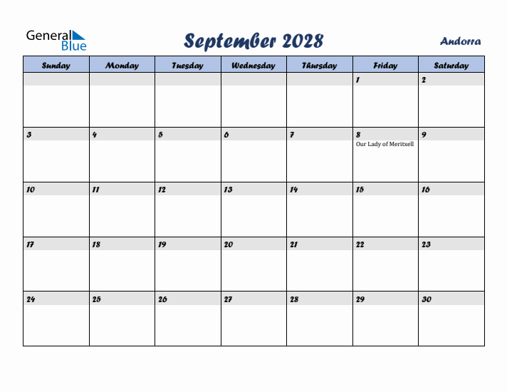 September 2028 Calendar with Holidays in Andorra