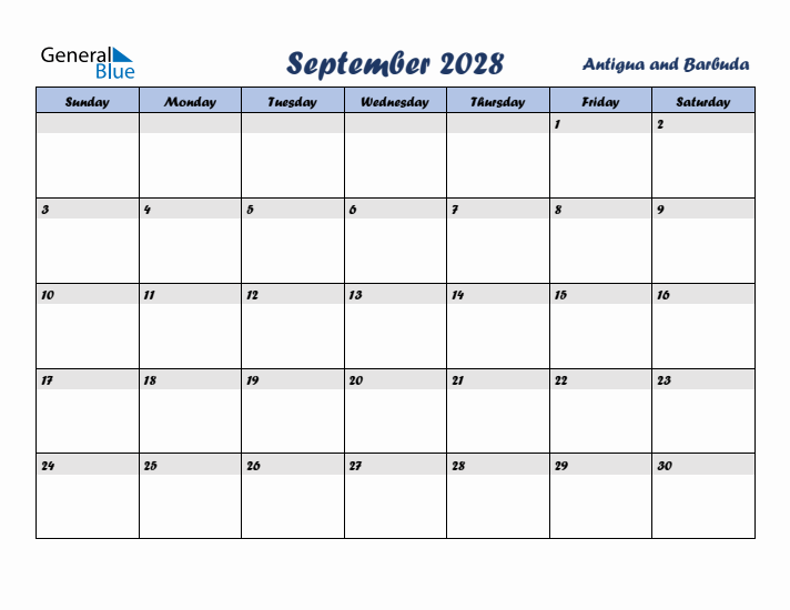 September 2028 Calendar with Holidays in Antigua and Barbuda