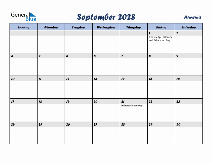 September 2028 Calendar with Holidays in Armenia