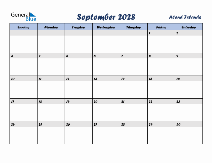 September 2028 Calendar with Holidays in Aland Islands