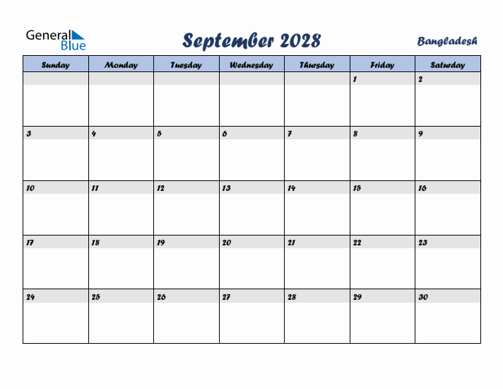 September 2028 Calendar with Holidays in Bangladesh