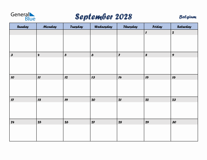 September 2028 Calendar with Holidays in Belgium