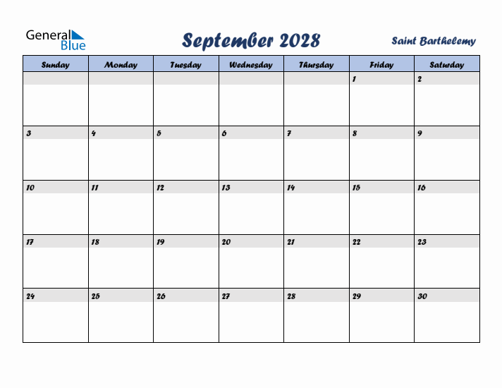 September 2028 Calendar with Holidays in Saint Barthelemy