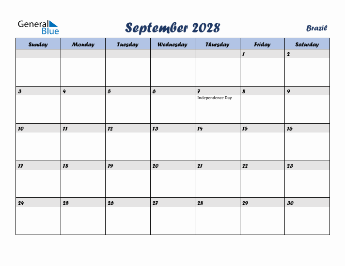 September 2028 Calendar with Holidays in Brazil