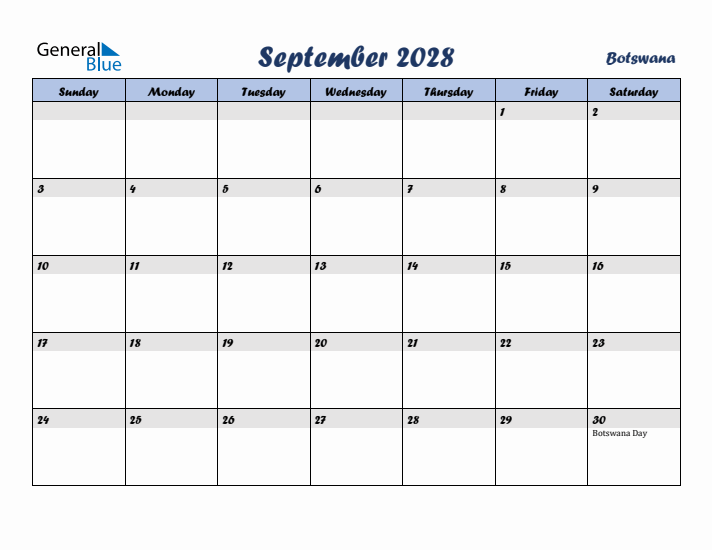 September 2028 Calendar with Holidays in Botswana