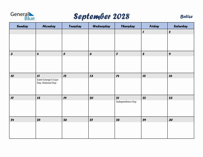 September 2028 Calendar with Holidays in Belize