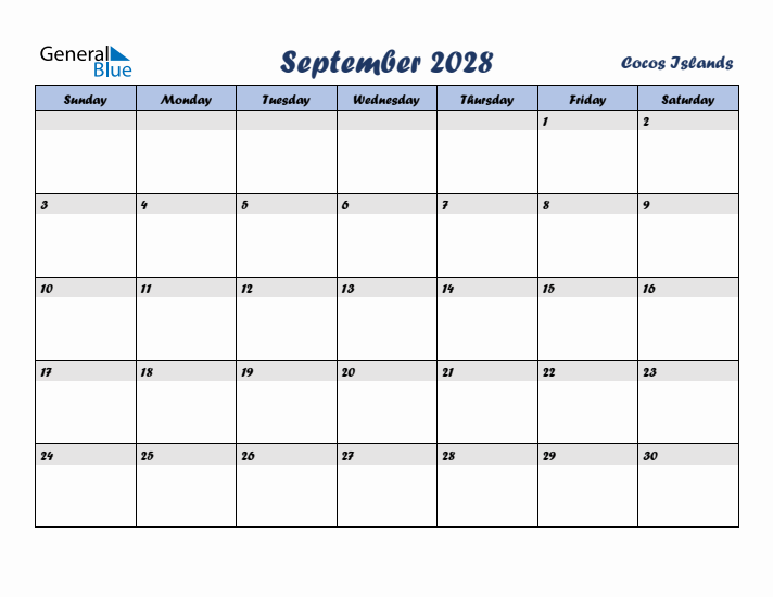 September 2028 Calendar with Holidays in Cocos Islands