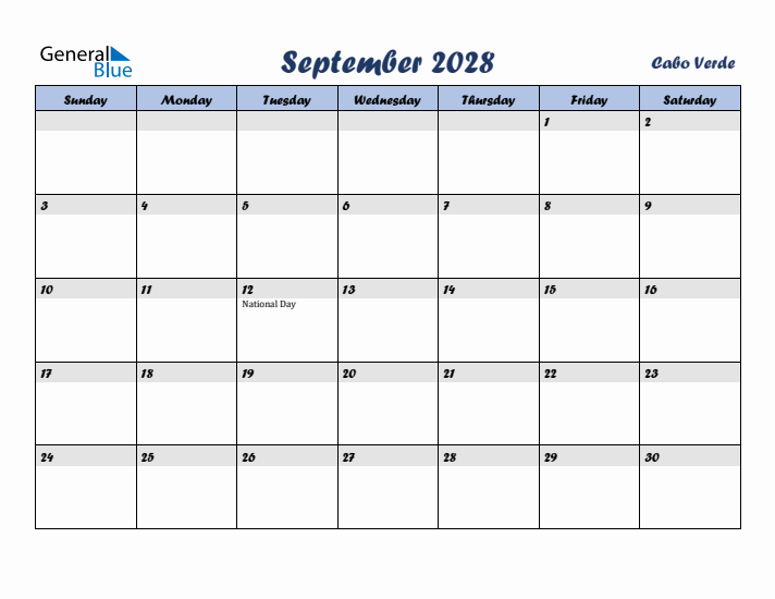 September 2028 Calendar with Holidays in Cabo Verde