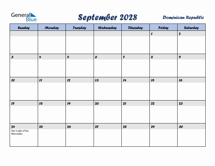 September 2028 Calendar with Holidays in Dominican Republic