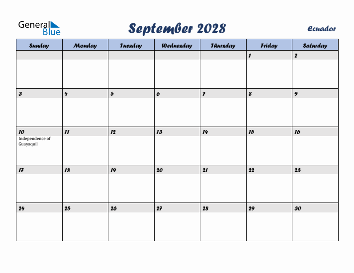 September 2028 Calendar with Holidays in Ecuador
