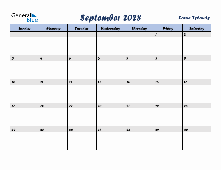 September 2028 Calendar with Holidays in Faroe Islands