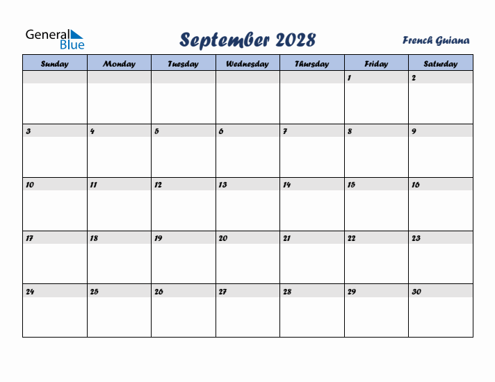 September 2028 Calendar with Holidays in French Guiana
