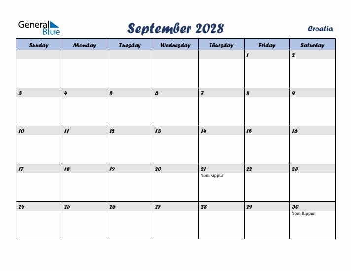 September 2028 Calendar with Holidays in Croatia
