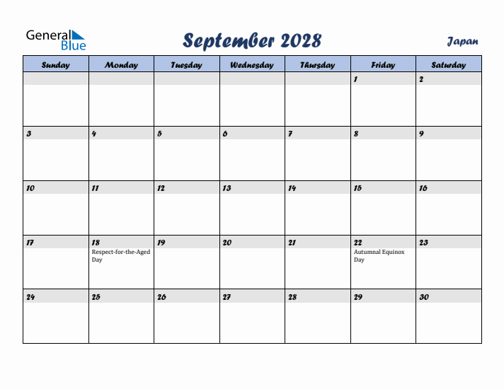 September 2028 Calendar with Holidays in Japan