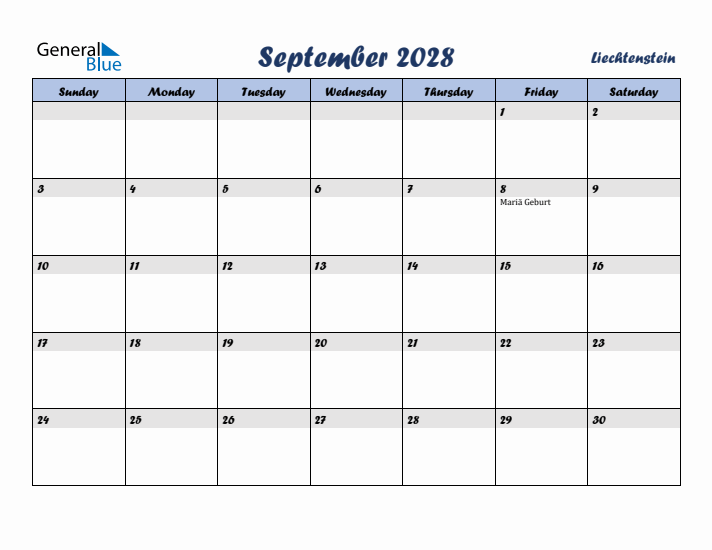September 2028 Calendar with Holidays in Liechtenstein