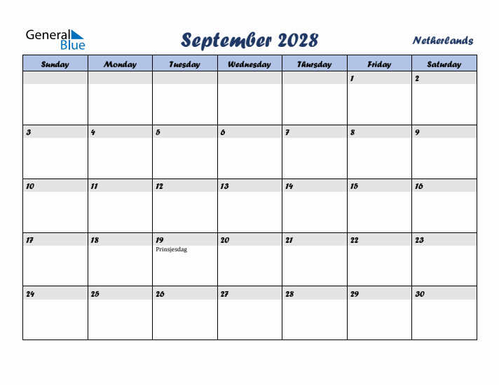 September 2028 Calendar with Holidays in The Netherlands