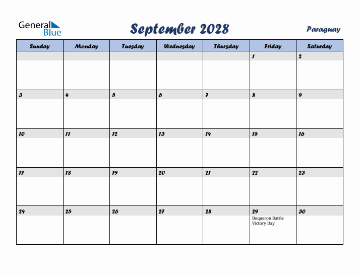 September 2028 Calendar with Holidays in Paraguay