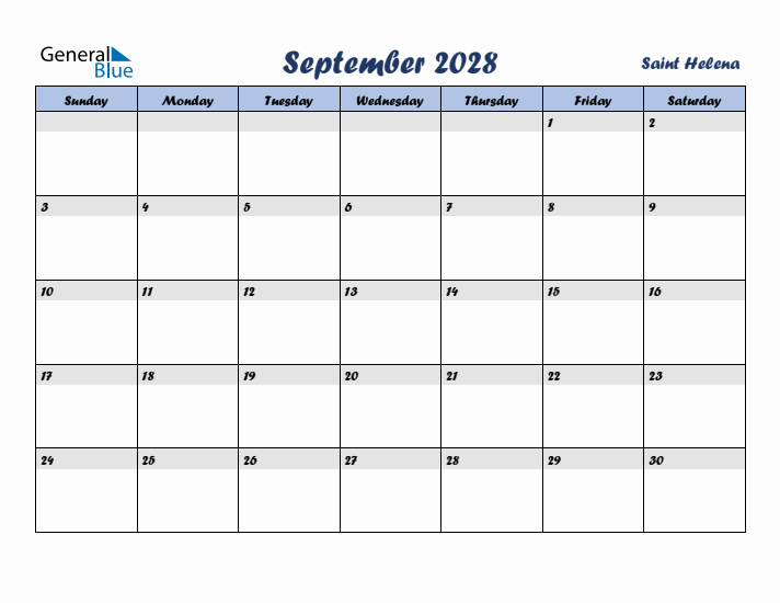 September 2028 Calendar with Holidays in Saint Helena