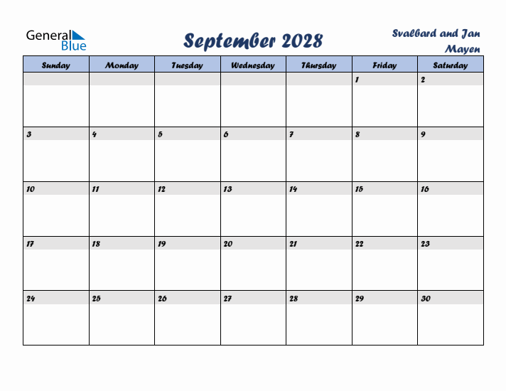 September 2028 Calendar with Holidays in Svalbard and Jan Mayen