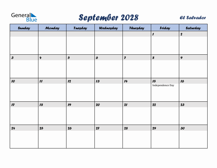 September 2028 Calendar with Holidays in El Salvador