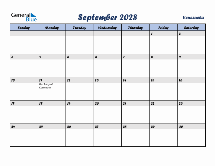 September 2028 Calendar with Holidays in Venezuela