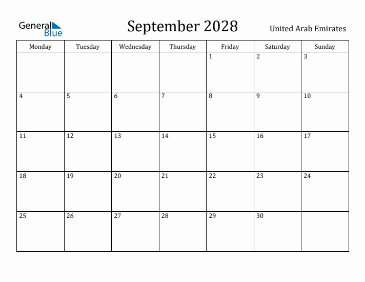 September 2028 Calendar United Arab Emirates