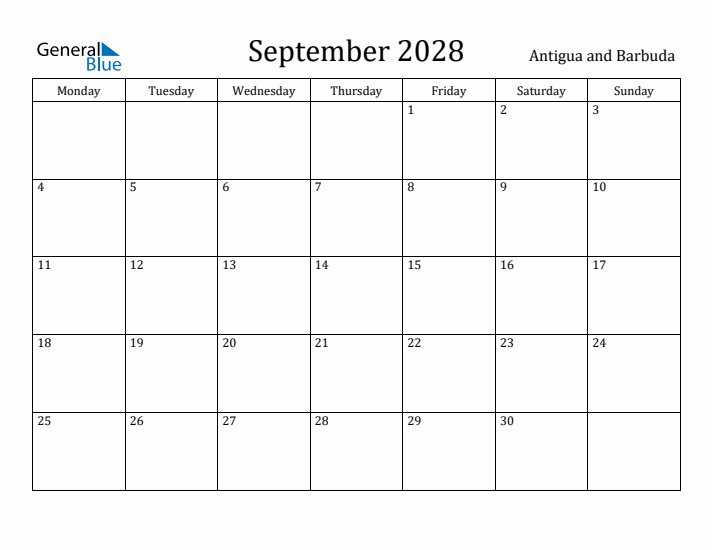 September 2028 Calendar Antigua and Barbuda