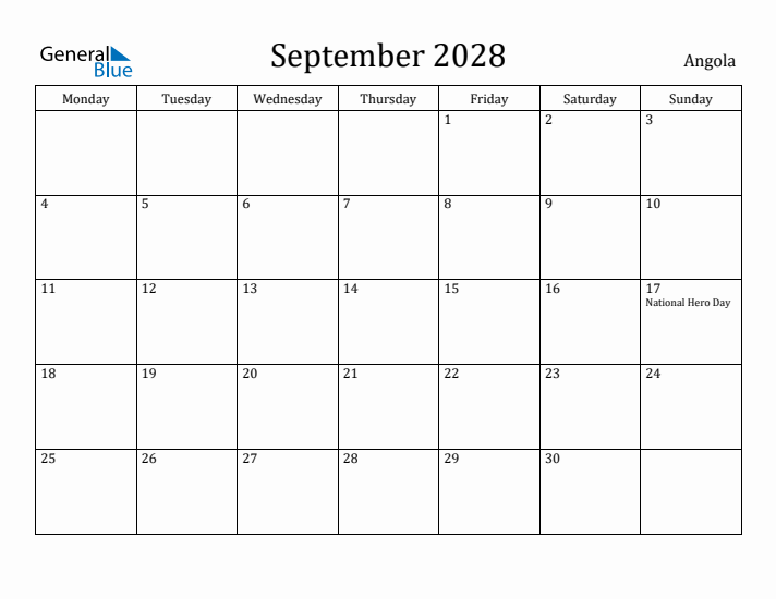 September 2028 Calendar Angola