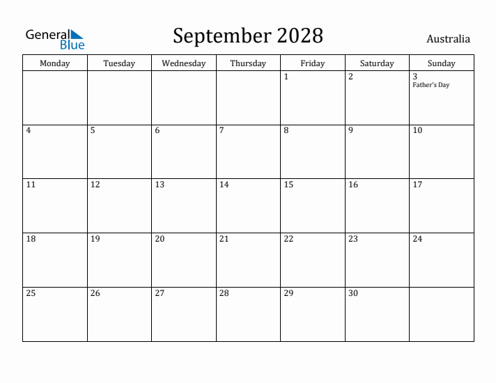 September 2028 Calendar Australia